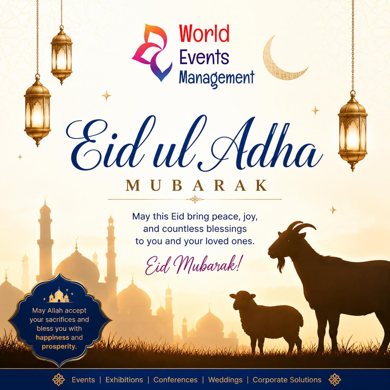 Wishing you a blessed and joyous Eid! May this special day bring peace, happiness, and prosperity to