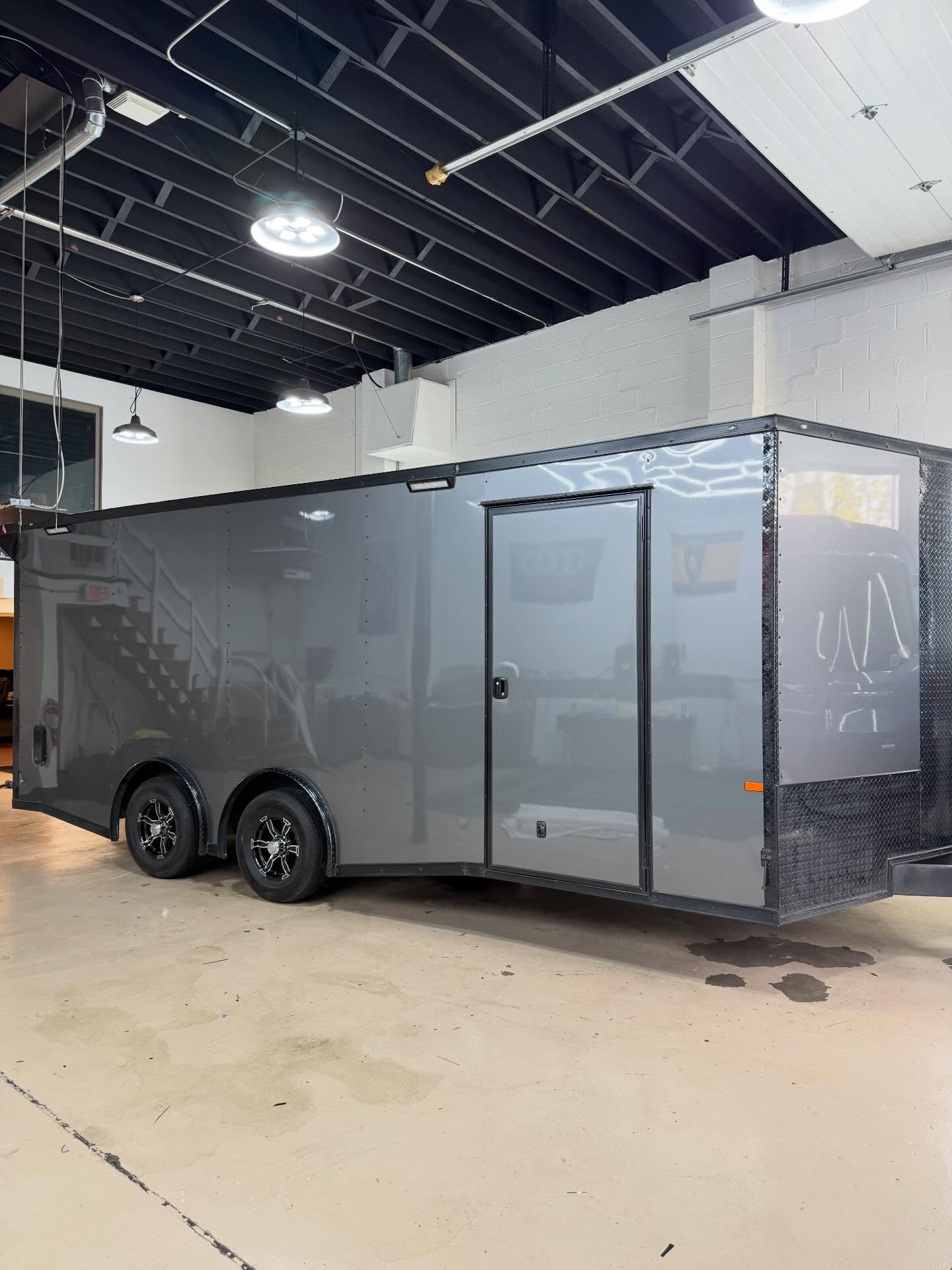 We took this trailer from standard white to a custom Gloss Graphite Metallic you won’t miss on the road. Every bolt was removed and painted black for a clean, cohesive look, then topped off with a ceramic coating for long term protection.Reach out to get your project on the books!#vinylwrap #ᴄᴇʀᴀᴍɪᴄᴄᴏᴀᴛɪɴɢ #worktrailer #greenbaywi #santanasvinylgarage