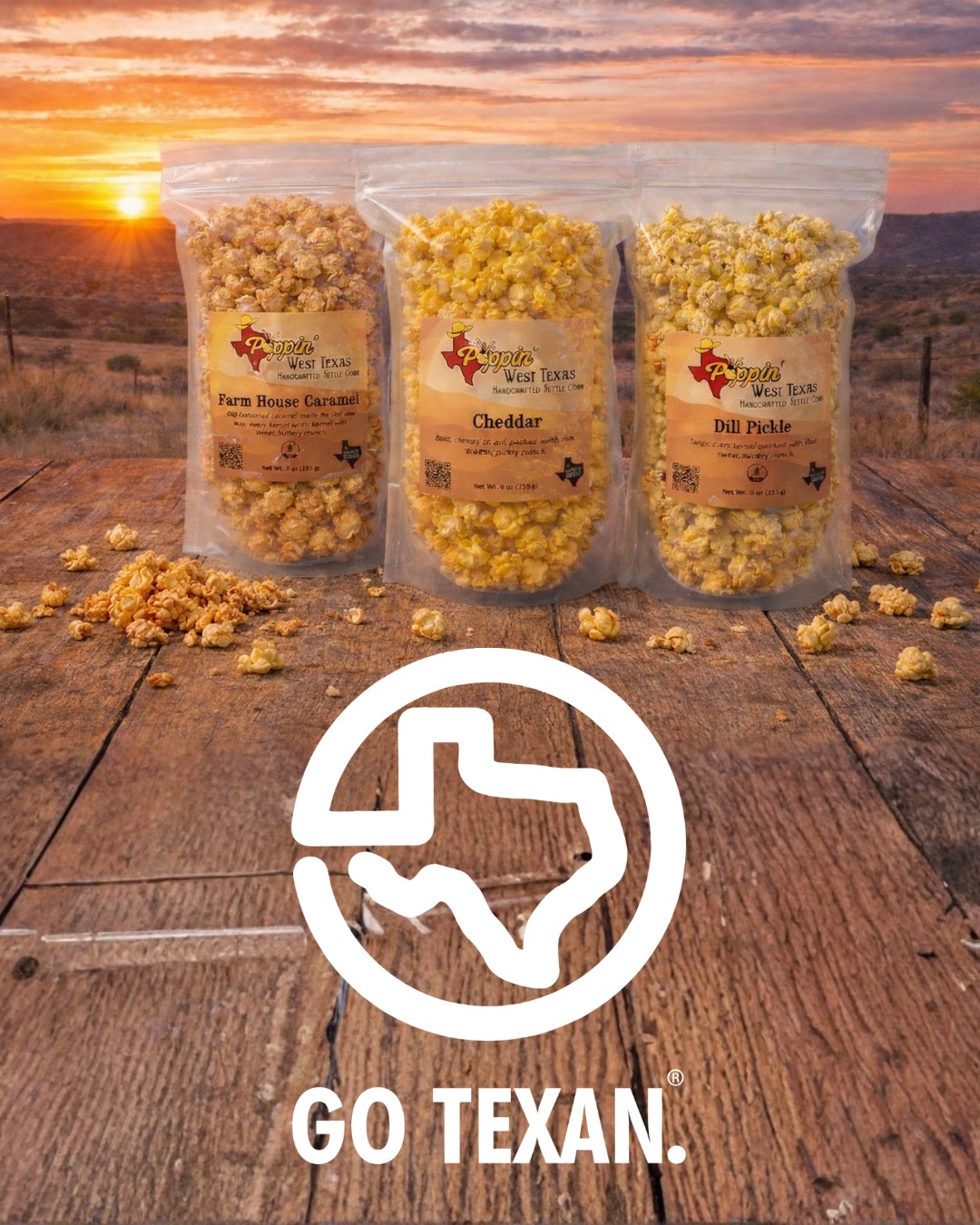 We’re proud as a rooster on Sunday mornin’ to be an official GO TEXAN partner. That means every bag of our popcorn is certified Texas born and Texas made. Nothin’ but the best Lone Star flavor comin’ straight from our neck of the woods to yours.