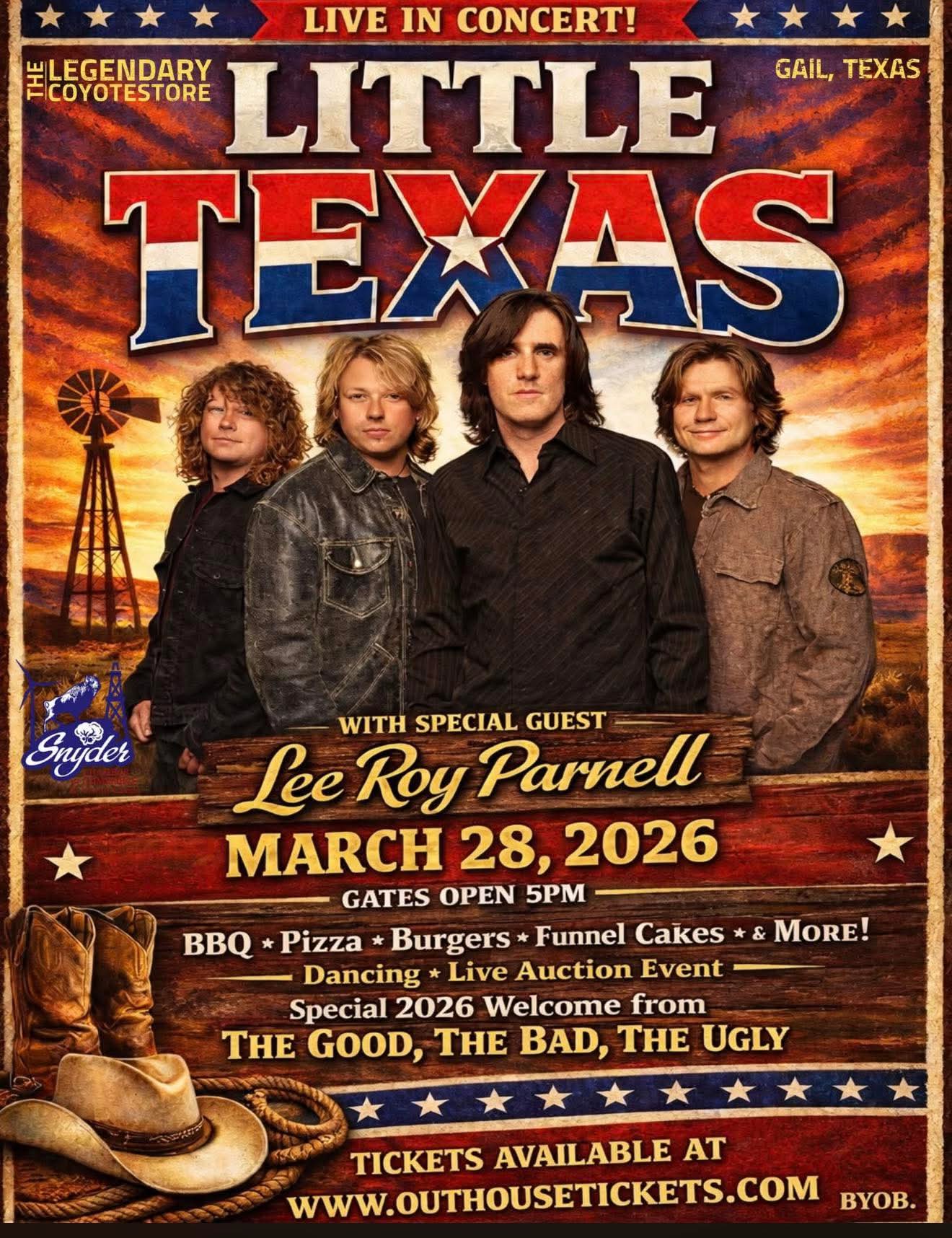 Headed out to The Coyote Store to get set up for a big night with Little Texas and Lee Roy Parnell.
We’ll be poppin’ fresh all evening, so come grab a bag and enjoy the show the right way. Good music, good people, and the best popcorn in West Texas.