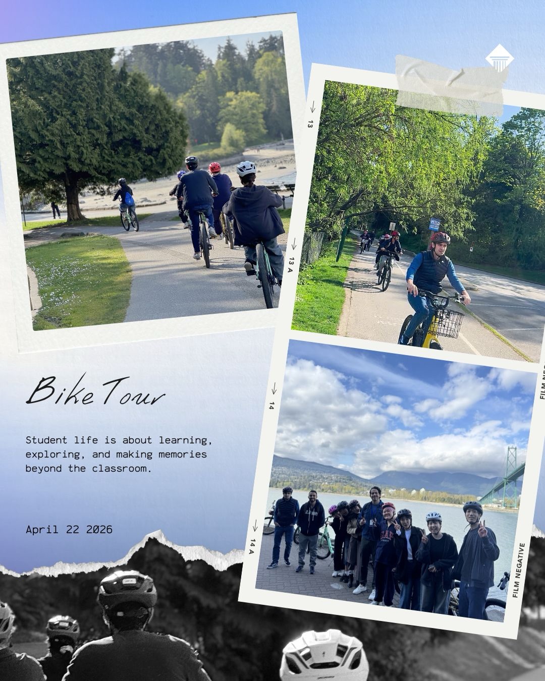 Instagram post: Some of the best moments of student life happen beyond the classroom ✨
From quiet trails to ocean views, this bike tour through Vancouver turned simple rides into lasting memories.
Laughter, fresh air, and new friendships along every path, a reminder that the journey matters just as much as the destination.
Here’s to exploring more, feeling more, and making every moment count 🚲💙
#cornerstonecommunitycollege #studentlife #studyinvancouver #stanleypark #thingstodoinvancouver