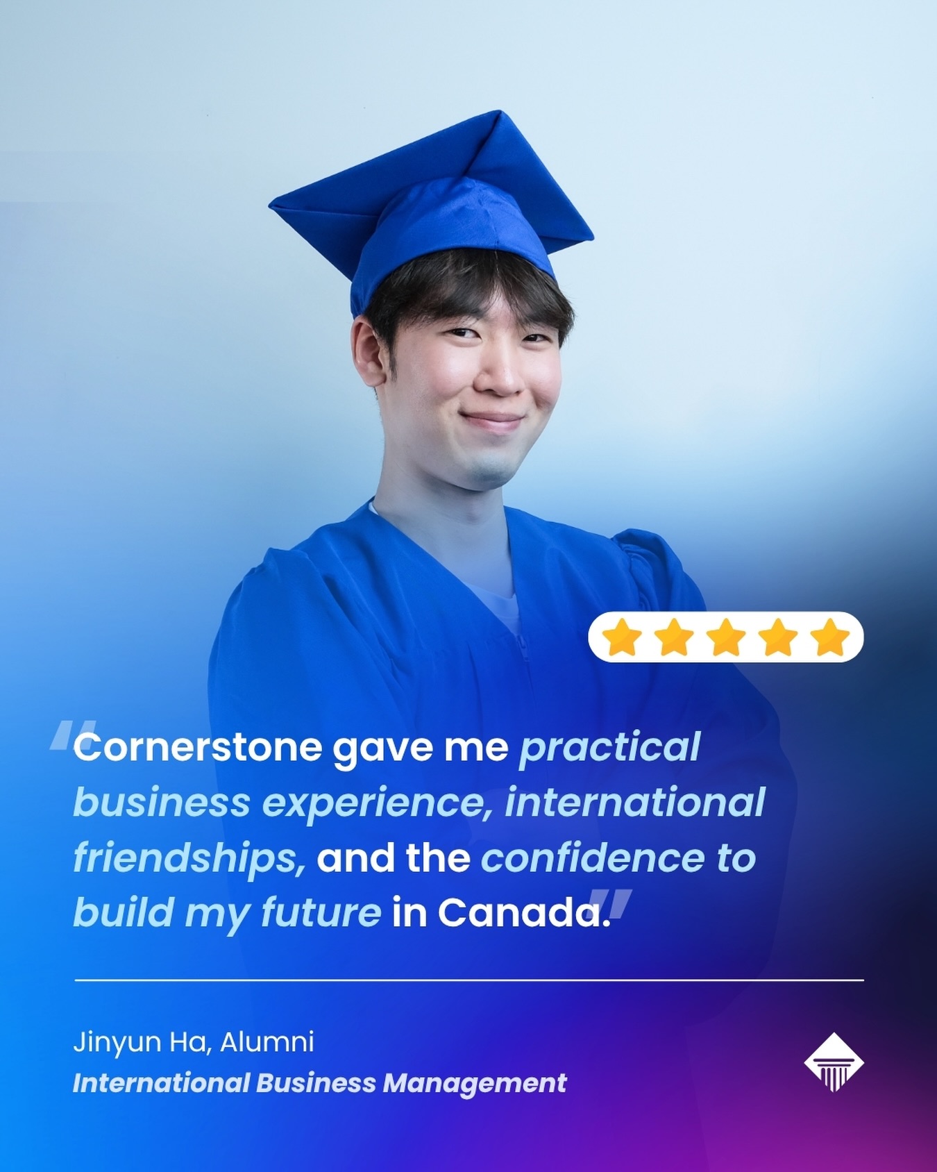 Instagram post: 🌍 From Korea to Canada 🇰🇷🇨🇦
Meet Jihyun, a graduate of our International Business Management program.
Like many international students, Jihyun arrived in Canada facing a new language, a new culture, and a completely new environment. Through determination, daily practice, and support from classmates and coworkers, she turned challenges into opportunities for growth.
✨ “I would rate my experience 10 out of 10. I loved it!”
From gaining practical business knowledge to building real-world experience through co-op, her journey reflects what learning abroad is all about: growing professionally, expanding your perspective, and creating lifelong memories.
Thank you for sharing your story, Jihyun! 💙
#cornerstonecollege #internationalbusinessmanagement #successstories #studyinvancouver #careergrowth
