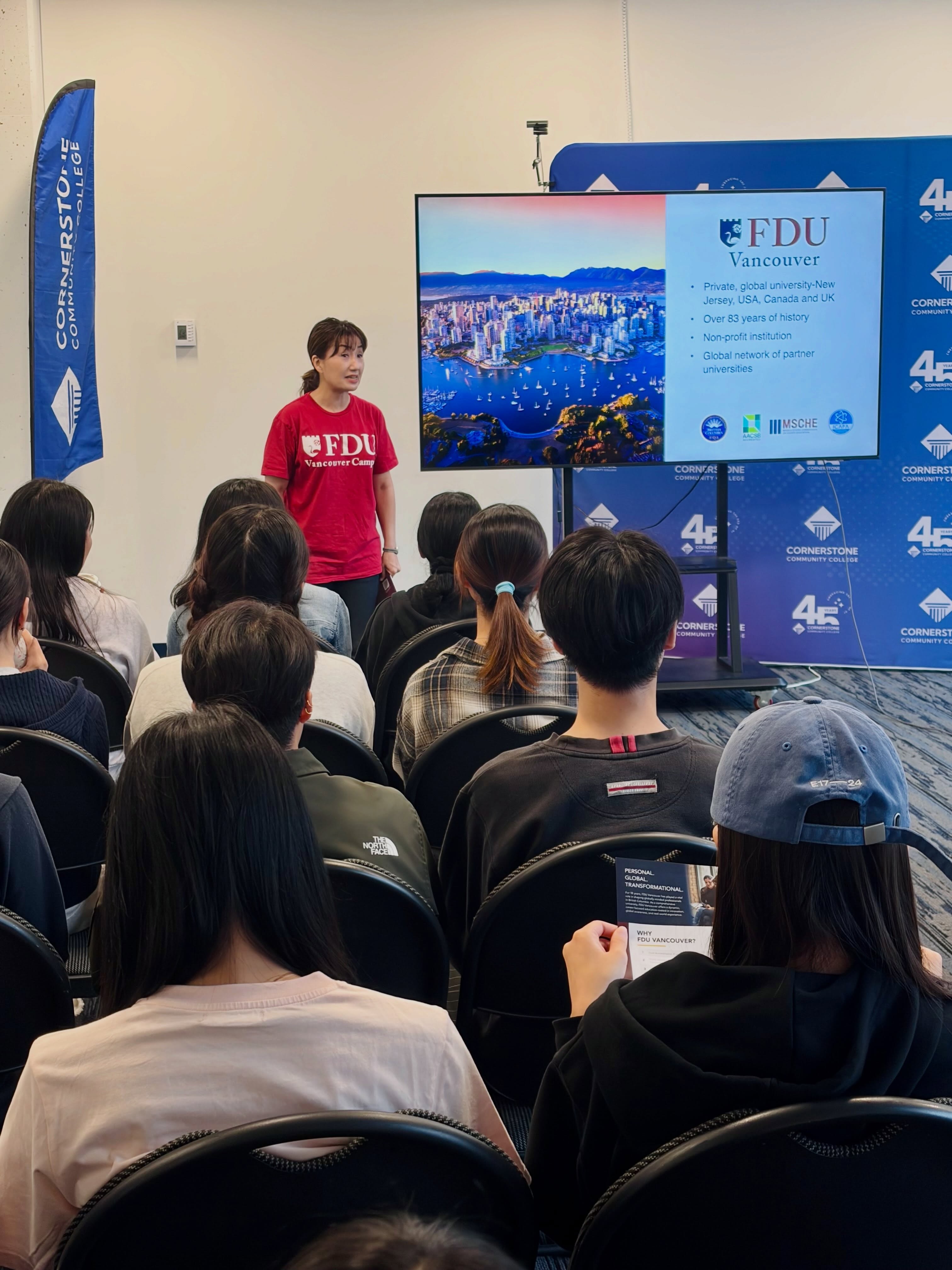 Instagram post: More pathways. More possibilities. 🎓✨
Our International Business students recently met with Kyoko Akiba Tooth from Fairleigh Dickinson University (FDU) to learn more about Cornerstone’s academic partnership with FDU and how eligible credits from their Cornerstone program can support the next step in their education.
It’s another way we continue working to create real opportunities and meaningful pathways for our students. 🌎
Thank you to Kyoko and the FDU team for connecting with our students!
#cornerstonecollege #cicccvancouver #fdu #studyinvancouver