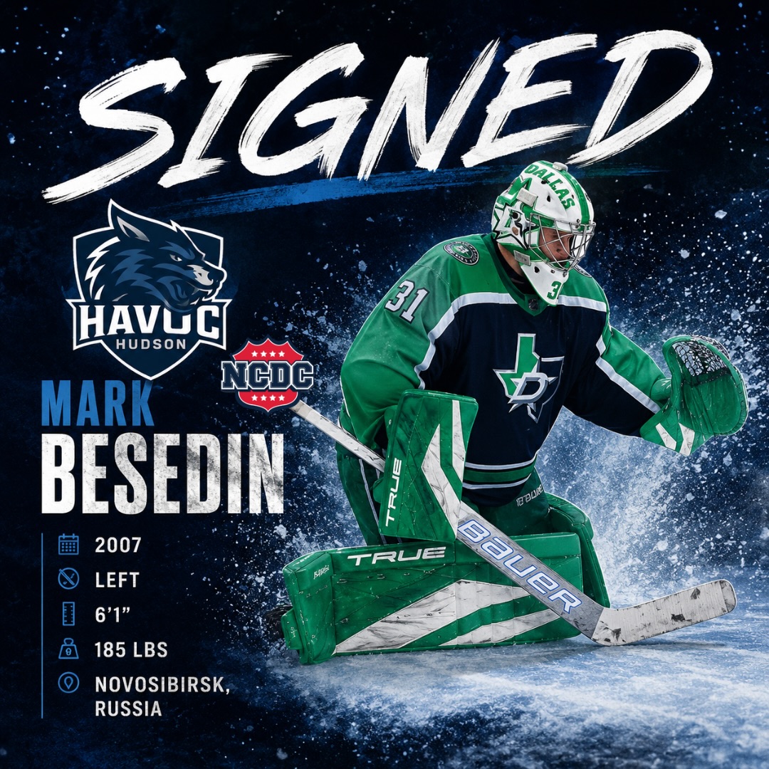🔥SIGNED🔥The Hudson Havoc are excited to welcome goaltender Mark Besedin to Hudson for the 2026–27 season!“Mark is a high-caliber goaltender who comes to us after playing for a premier AAA organization last season. He has great size, moves extremely well, and competes hard every time he steps on the ice. Beyond his ability in net, Mark brings tremendous character and drive. We expect him to be a leader for our group both on and off the ice, and we’re excited to have him in Hudson.”— Head Coach Russell BaroneWelcome to the Havoc, Mark! 💪🐺#HudsonHavoc #HavocHockey #NCDC #USPHL #Signed JuniorHockey